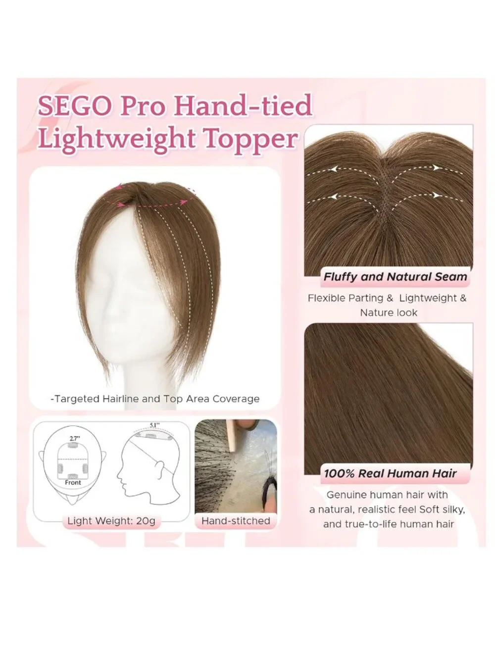 NEW SEGOHair Real Human Hair Side Bangs Lace Base Piece Clip Topper Chocolate